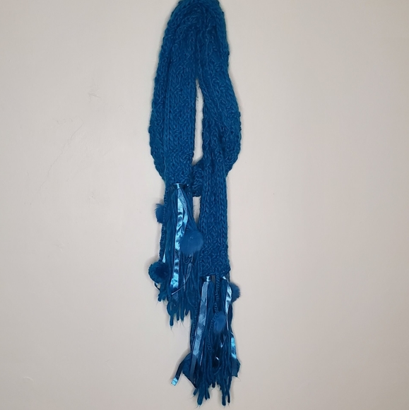 Cerulean Blue Blocked Knit Scarf with Ribbons and Angora Rabbit Hair Puffs - Picture 2 of 11